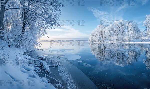 A winter landscape with a frozen lake and snow-covered forest AI generated