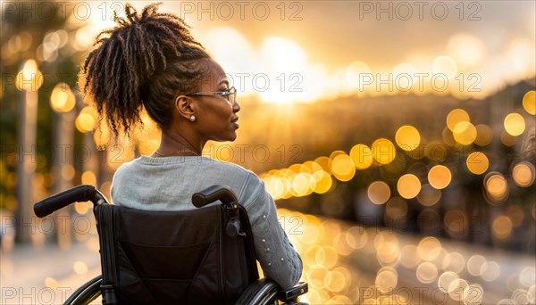Solitary woman in a wheelchair immersed in thought during the city's enchanting golden hour, AI generated