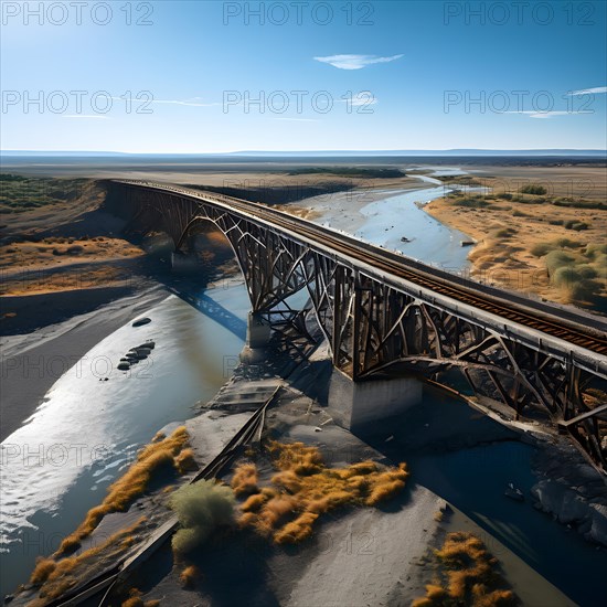 Collapsed bridge crossing an expansive dry riverbed, AI generated