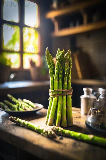 Green asparagus in a rustic farmhouse kitchen, AI generated, AI generated