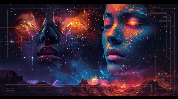 Futuristic digital art of a female face overlaid with cosmic imagery and neon linework, ai generated, AI generated