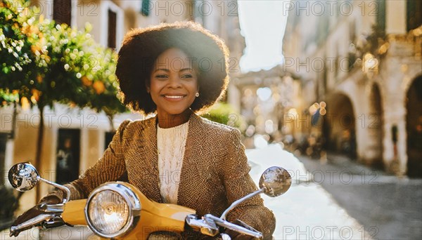 Smiling woman on a scooter enjoying a sunny day on a charming European street, blurry moody landscaped background with bokeh effect, AI generated