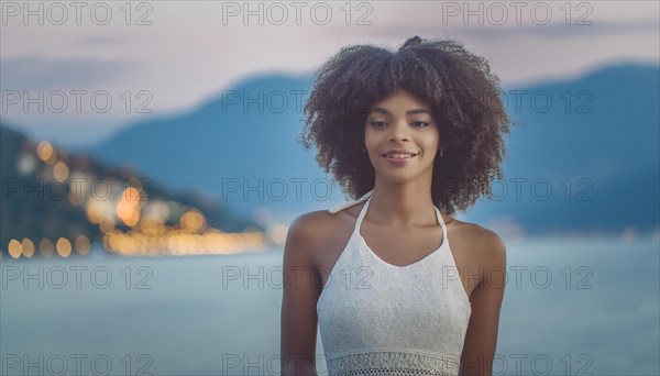 Smiling woman wearing a summer dress by the waterfront at sunset, radiating serenity, blurry moody landscaped background with bokeh effect, AI generated