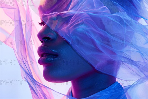 Close-up of a woman's face partially obscured by a blue sheer veil, AI generated