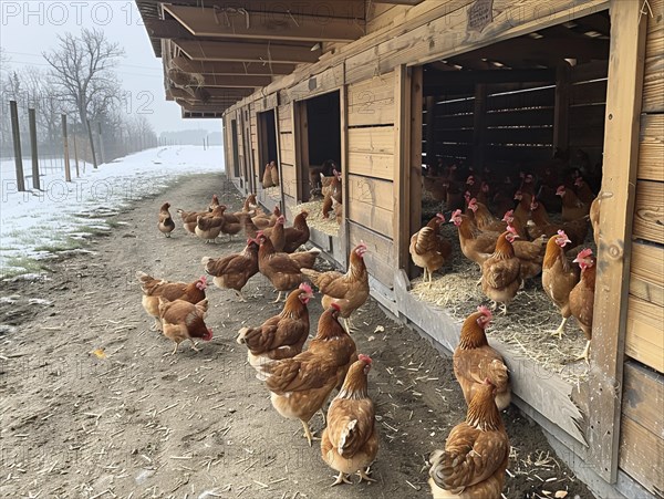 Hens peering out of a chicken coop on a cold winter day with snow on the ground, AI generiert, AI generated