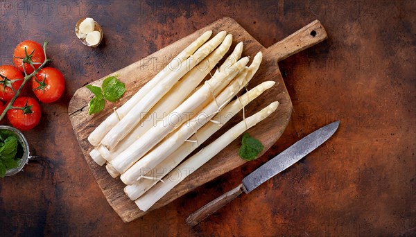Fresh white asparagus on an old wooden board, surrounded by tomatoes and mint, fresh white asparagus, KI generated, AI generated