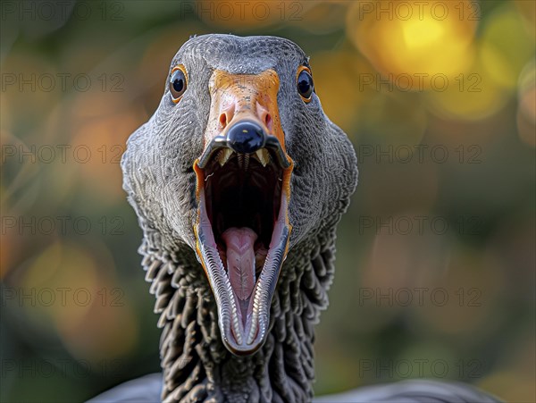 Portrait of a surprised goose with wide open beak and sharp details, AI generated, AI generated, AI generated