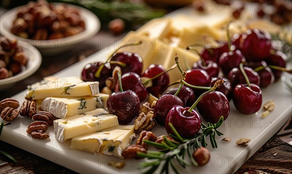 Ripe cherries arranged on a platter with cheese and nuts AI generated