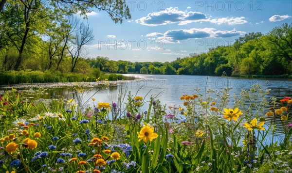 Springtime at the lake with blooming wildflowers and vibrant greenery AI generated