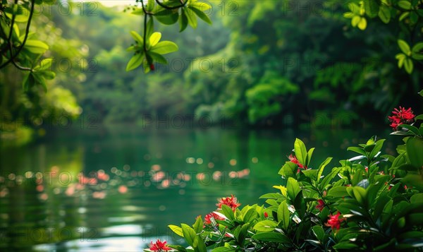 The lake surrounded by lush greenery and blooming flowers in the height of summer, summer nature landscape AI generated