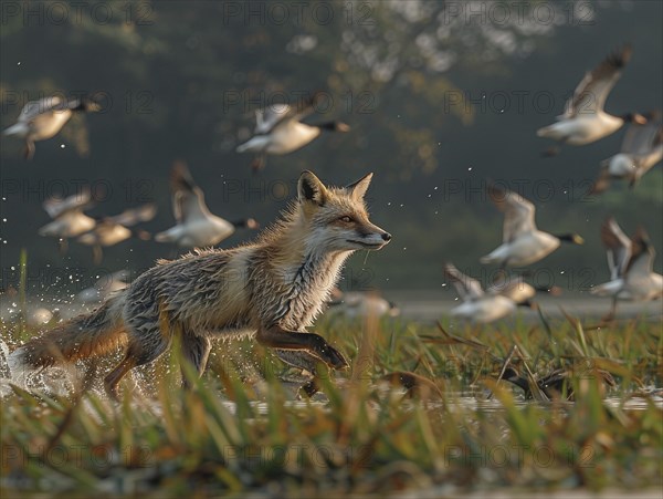 A fox hunts through the wilderness at dawn with flying birds, AI generated, AI generated, AI generated