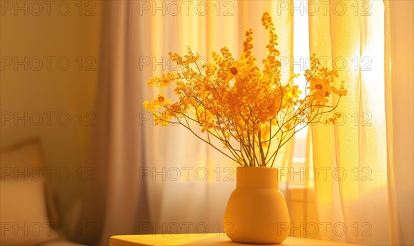 A cozy living room corner adorned with a vase of Mimosa flowers AI generated