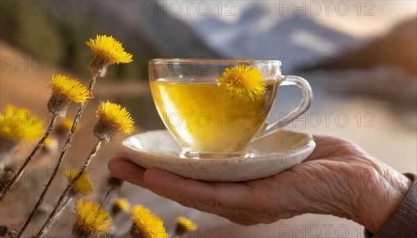 A clear teacup filled with coltsfoot blossom tea on a plate, surrounded by nature and mountains, medicinal plant coltsfoot, Tussilago farfara, KI generated, AI generated