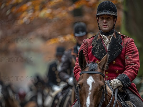 Traditional fox hunting with traditional clothing in England on horseback with dogs over hill and dale, AI generated