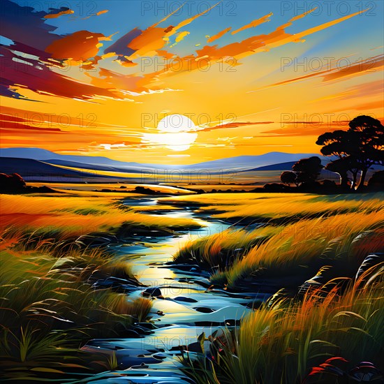 AI generated abstract painting of grasslands under a blazing sunset waves of greens