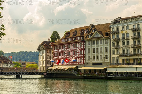 Reuss River and City of Lucerne with Luxury Hotel in Switzerland