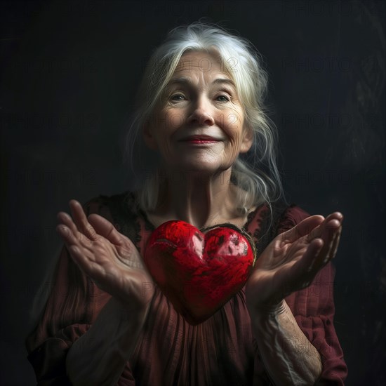 Older lady with white hair holds a red heart lovingly in her hands in front of a dark background, AI generated