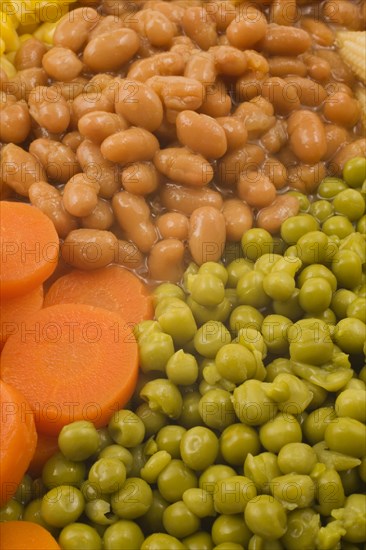 Close-up of mixed cooked vegetables that include brown baked beans, green peas and orange carrots, Studio Composition, Quebec, Canada, North America