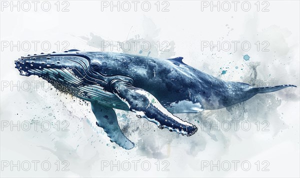 Watercolor illustration of a humpback whale in the ocean AI generated