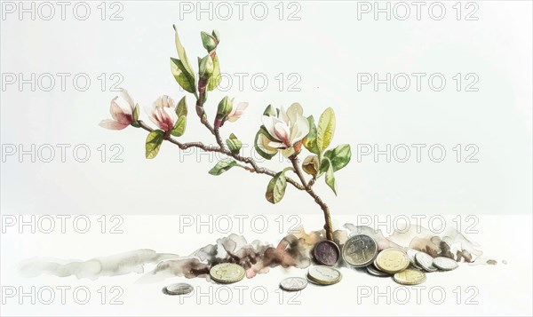 Watercolor tree sprout with coins blossoming instead of flowers AI generated