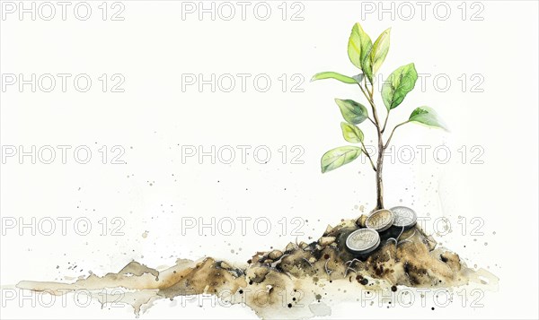 Tree sprout with coins growing from its buds, watercolor illustration on white background AI generated