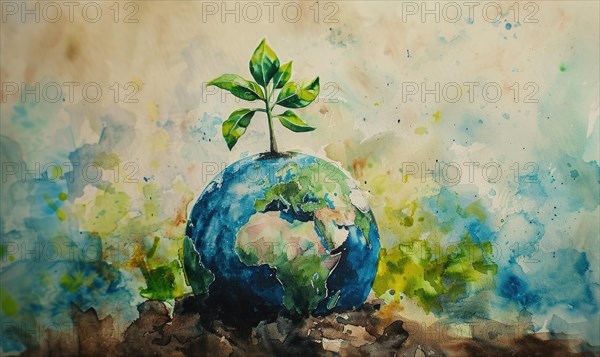 Vibrant watercolor painting of Earth with tree saplings growing on top AI generated