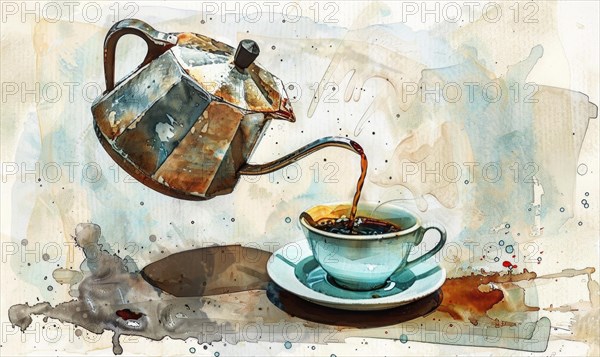 Watercolor illustration of a vintage coffee pot pouring coffee into a cup AI generated