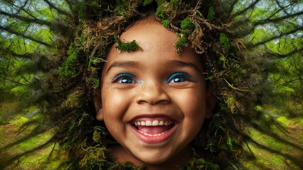 Digital artwork of a laughing child with forest elements, vibrant colors, moss growing and thriving, creating a mystical and enchanting effect, earth day concept, AI generated