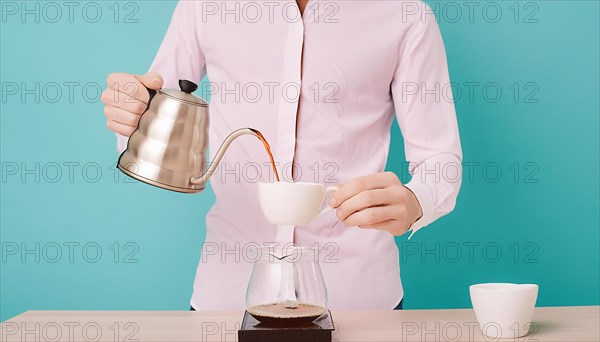 Man in a pink shirt pouring coffee into a filter over a carafe on a blue background, horizontal, AI generated