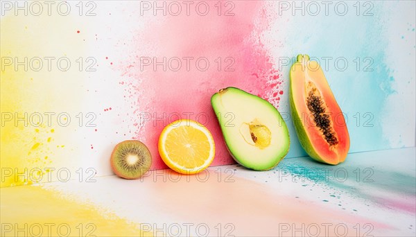 Fresh fruits against a vibrant watercolor background creating an artistic display, horizontal, AI generated