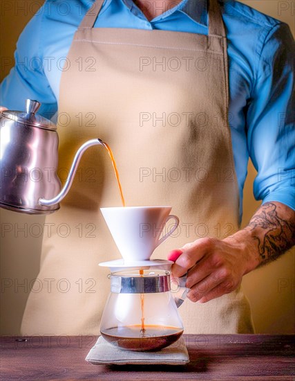 A tattooed arm expertly pours hot water for coffee brewing, highlighting the maker's focus, Vertical aspect ratio, AI generated