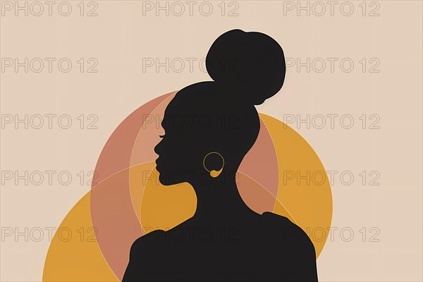 Silhouette of an elegant woman against a peach background with geometric circles, illustration, AI generated