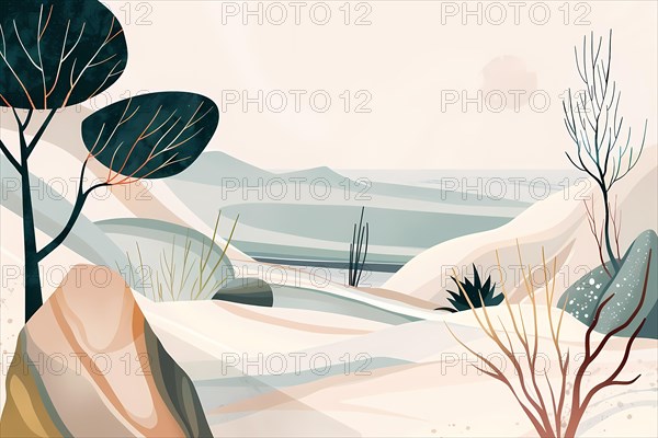Serene minimalistic landscape with pastel colored hills and sparse vegetation, illustration, AI generated