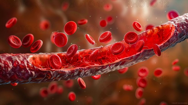 Close-up view of red blood cells flowing through a vein-like structure, ai generated, AI generated