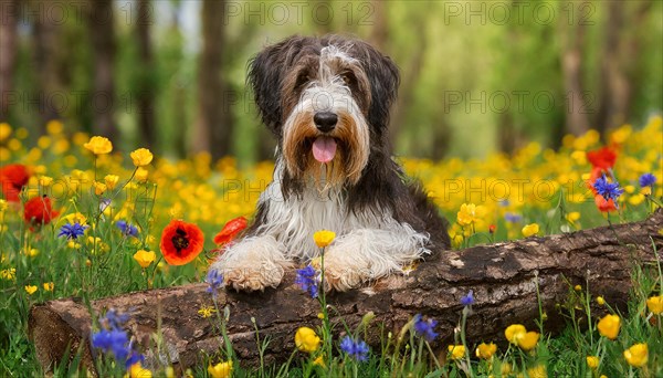 Ai generated, animal, animals, mammal, mammals, a, single animal, bobtail, (Canis lupus familiaris), dog, dogs, bitch, dog breed from England, a single animal, lies on a tree trunk, portrait, freontal