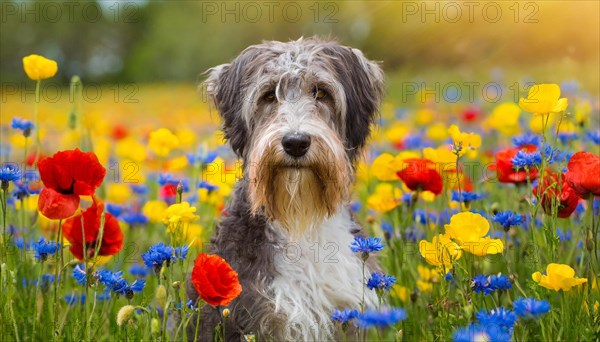 Ai generated, animal, animals, mammal, mammals, a, single animal, bobtail, (Canis lupus familiaris), dog, dogs, bitch, dog breed from England, a single animal, flower meadow