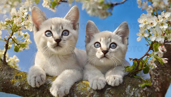 KI generated, animal, animals, mammal, mammals, cat, felidae (Felis catus), two kittens resting in a fruit tree, tree blossom, spring, summer