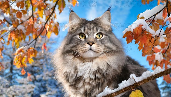 AI generated, animal, animals, mammal, mammals, cat, felidae (Felis catus), a grey-black American Forest Cat, sitting in a tree, autumn, autumn leaves, snow, onset of winter