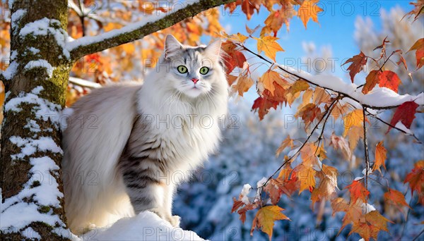 AI generated, animal, animals, mammal, mammals, cat, felidae (Felis catus), American Forest Cat, sitting in a tree, autumn, autumn leaves, onset of winter