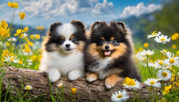 KI generated, animal, animals, mammal, mammals, one, single animal, dwarf spitz, Spitz, (Canis lupus familiaris), dog, dogs, bitch, Pomeranians, two colourful puppies lying on a tree trunk, autumn