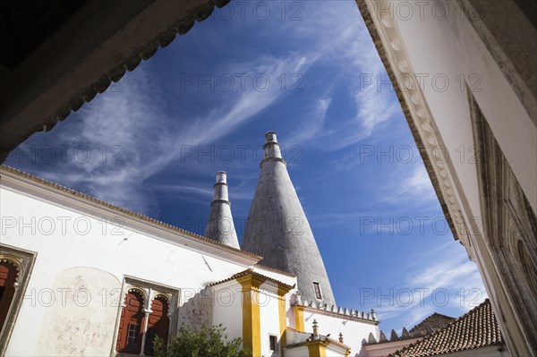 Inner courtyard architectural details and the chimney stacks at the National Palace of Sintra, Sintra, Portugal, Europe