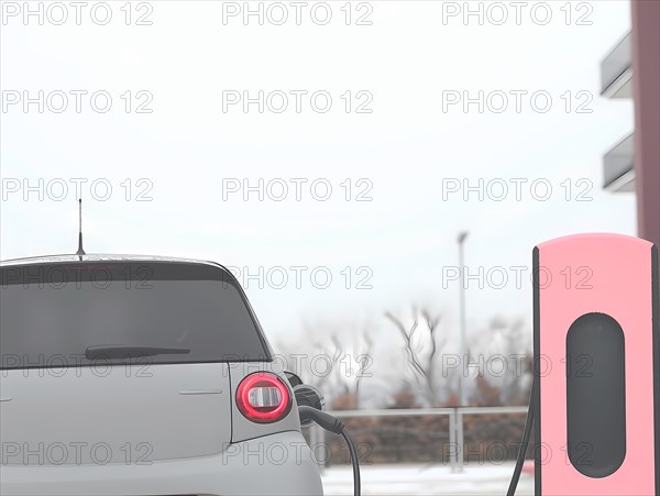 A modern electric car charging at a pink station in a foggy winter setting, illustration, AI generated