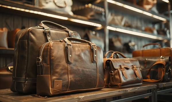 A variety of leather bags on display with warm ambient lighting AI generated