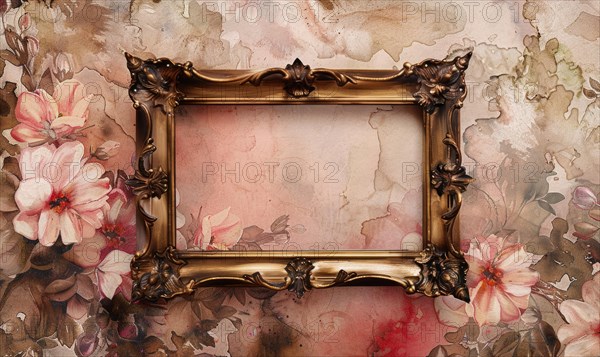 A gold frame with pink flowers on the wall. Abstract background with frame and space for text AI generated