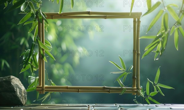 Delicate bamboo frame on minimalistic natural material, space remember AI generated