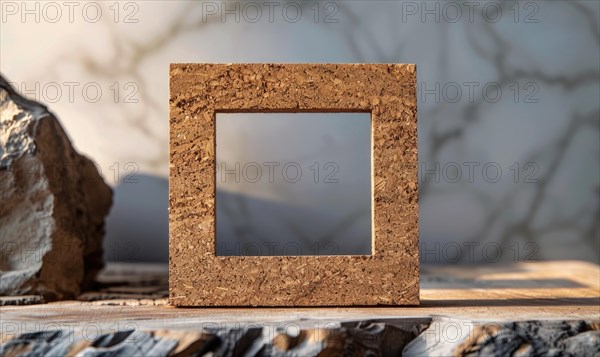 Delicate cork frame on minimalistic natural material, space for text AI generated