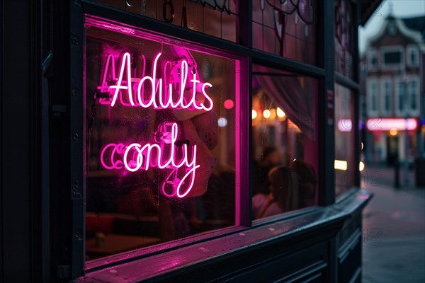 Glowing pink neon light 'Adults only' text hanging in window of bar at night. KI generiert, generiert, AI generated