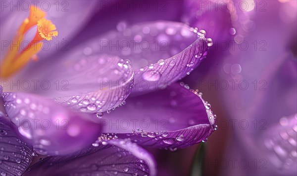 A close-up of delicate violet crocuses with dewdrops glistening on their petals AI generated