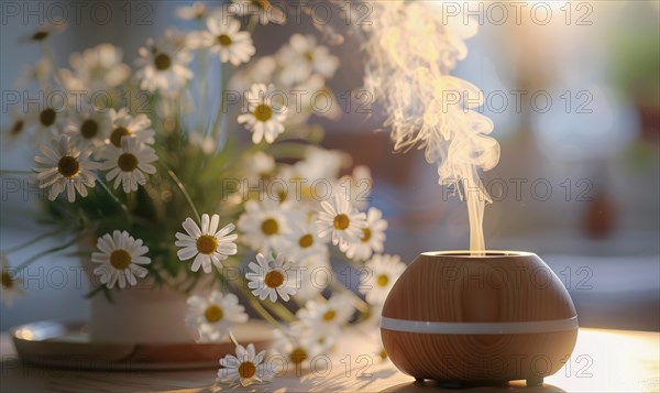 Chamomile essential oil diffuser in a cozy room, aromatherapy AI generated