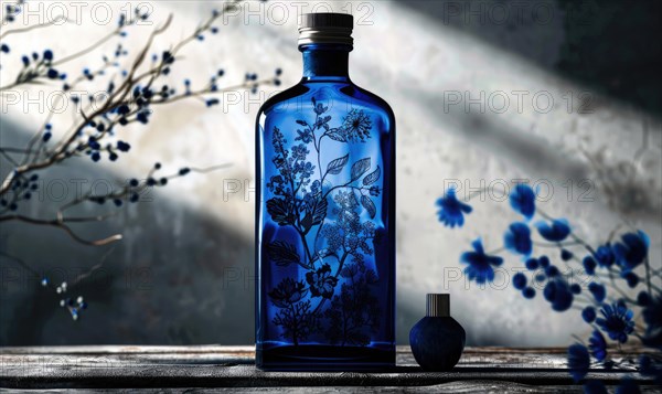 Cobalt blue glass bottle with botanical illustrations on background with textured shadow AI generated